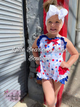 Load image into Gallery viewer, Red, White and Blue Polka Dot Ruffle Butt Romper