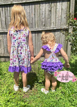 Load image into Gallery viewer, Purple Floral Ruffle Butt Romper