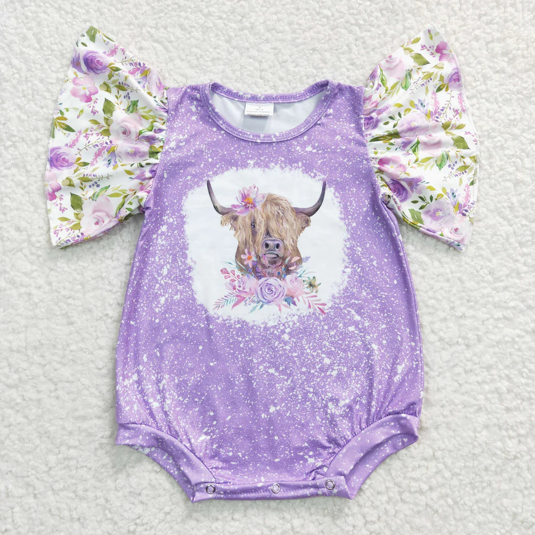 Preorders RTS From Supplier Purple Floral Highland Cow Romper/Onsie