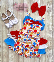 Load image into Gallery viewer, Red, White and Blue Ice Cream Ruffle Butt Romper