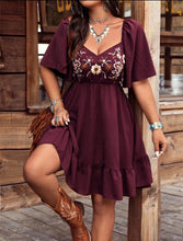 Load image into Gallery viewer, Ladies Embroidered Wine Flutter Sleeve Dress
