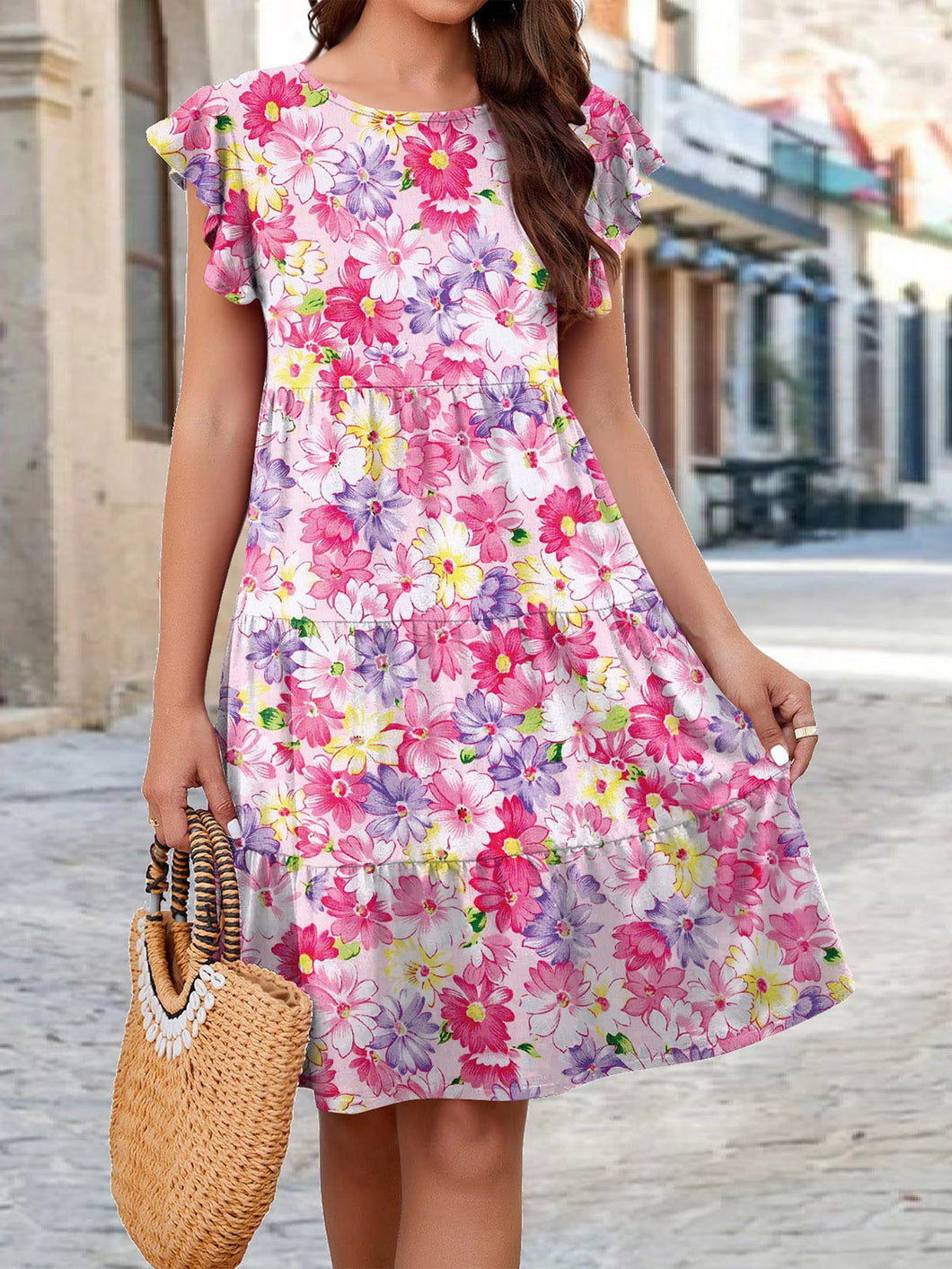 Floral Tiered Dress with Flutter Sleeves- Multiple Print Options