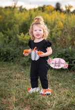 Load image into Gallery viewer, B&amp;W Pumpkin Ruffle Romper
