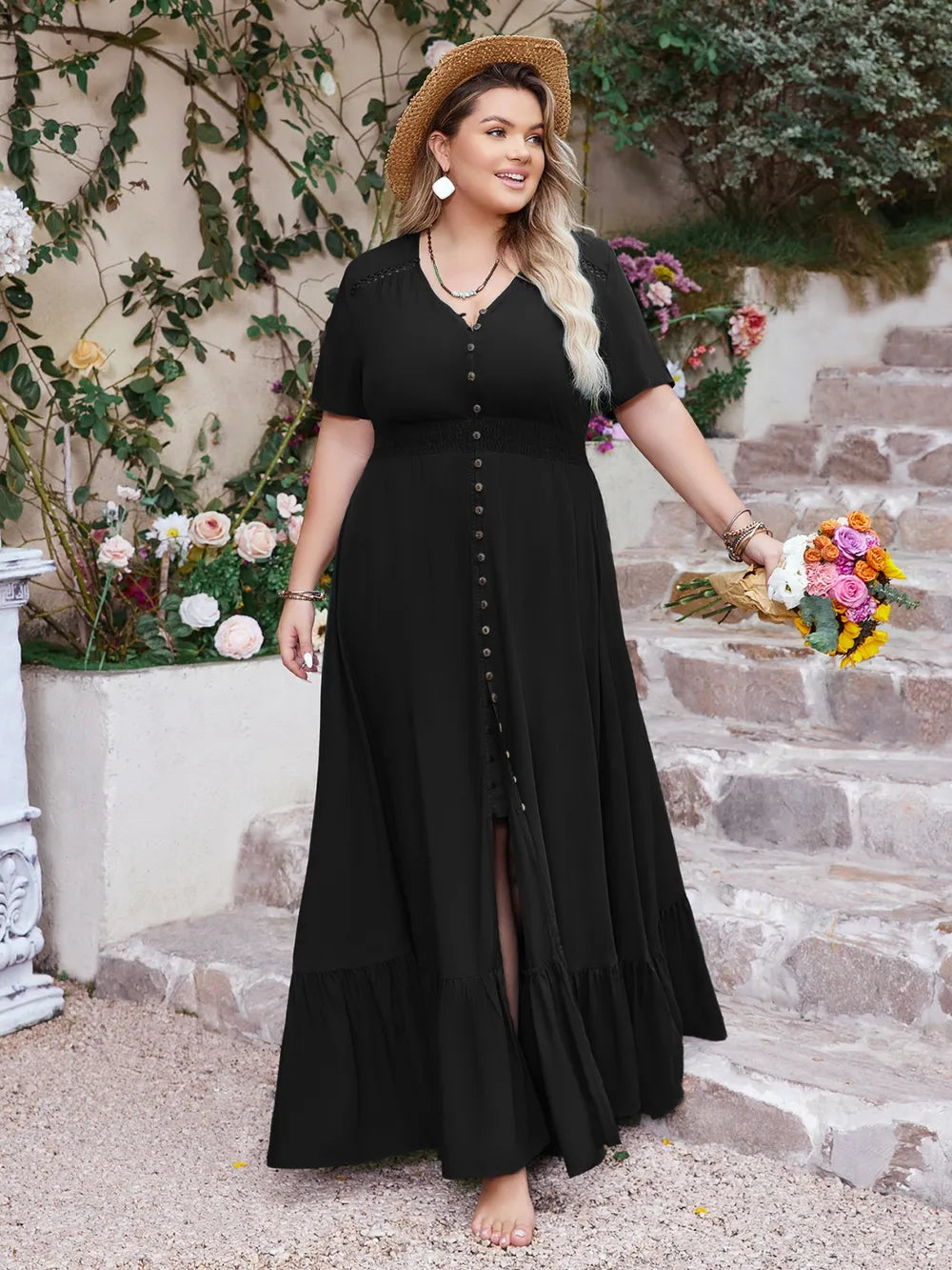 chinese dress ladies Sculpting Short Sleeve Buttoned Maxi Dress main image 1
