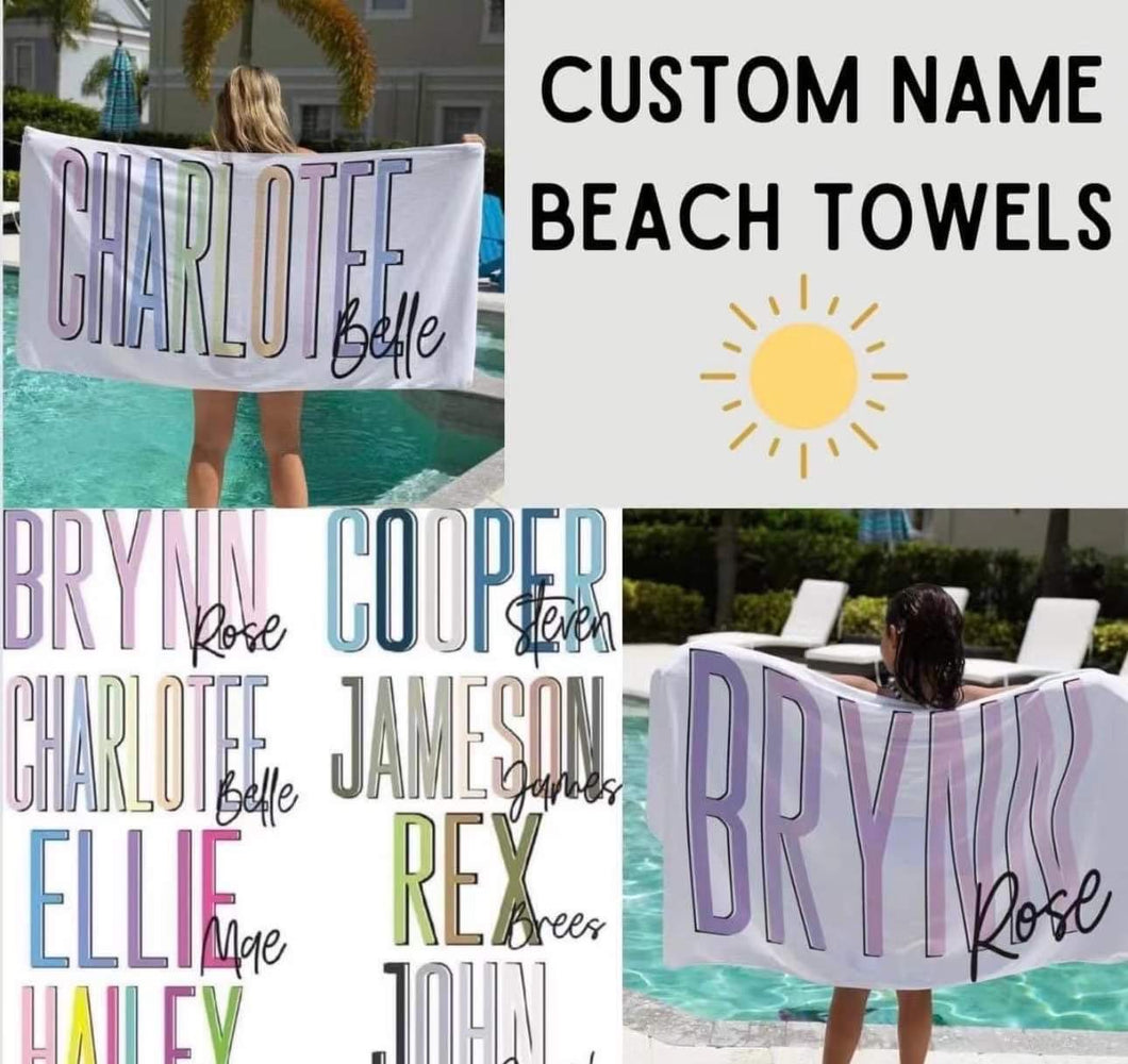 Personalized Beach Towels Multi Color- Please specify Name, Style and Font