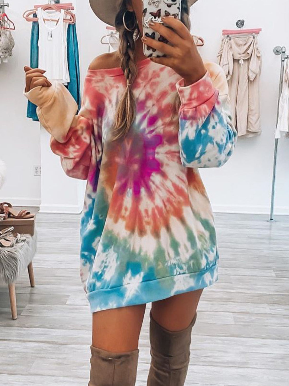 tie dye long sleeve sweatshirt dress Full Size Tie-Dye Round Neck Long Sleeve Dress