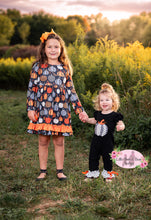 Load image into Gallery viewer, B&amp;W Pumpkin Ruffle Romper
