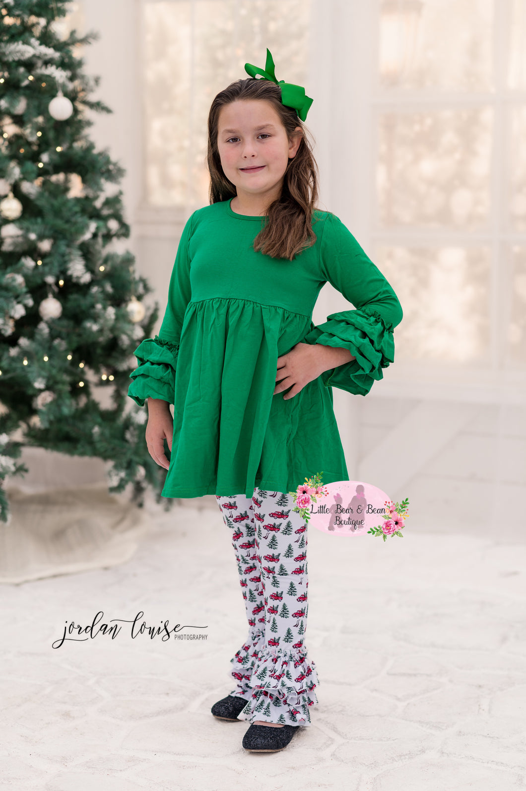 Green Ruffle Sleeve Top and Christmas Truck Belle Set