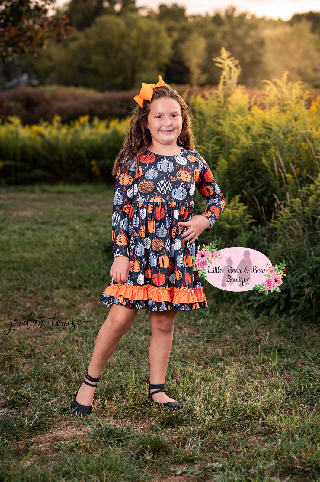 Printed Pumpkin Long Sleeve Ruffle Dress