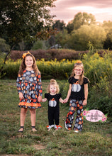 Load image into Gallery viewer, B&amp;W Pumpkin Ruffle Romper
