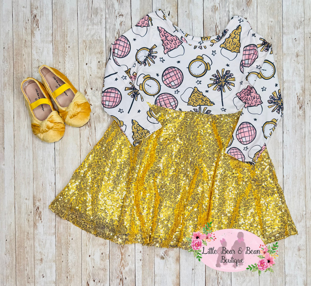 Gold Sequin Happy New Year Dress Little Bear and Bean Boutique, LLC Gold Sequin Happy New Year Dress Little Bear and Bean Boutique, LLC
