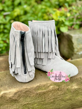 Load image into Gallery viewer, Gray Suede Fringe Boots
