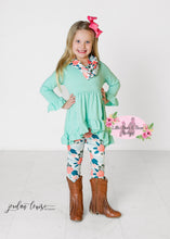 Load image into Gallery viewer, 3 Piece Aqua High-Low Long Sleeve Floral Leggings And Scarf
