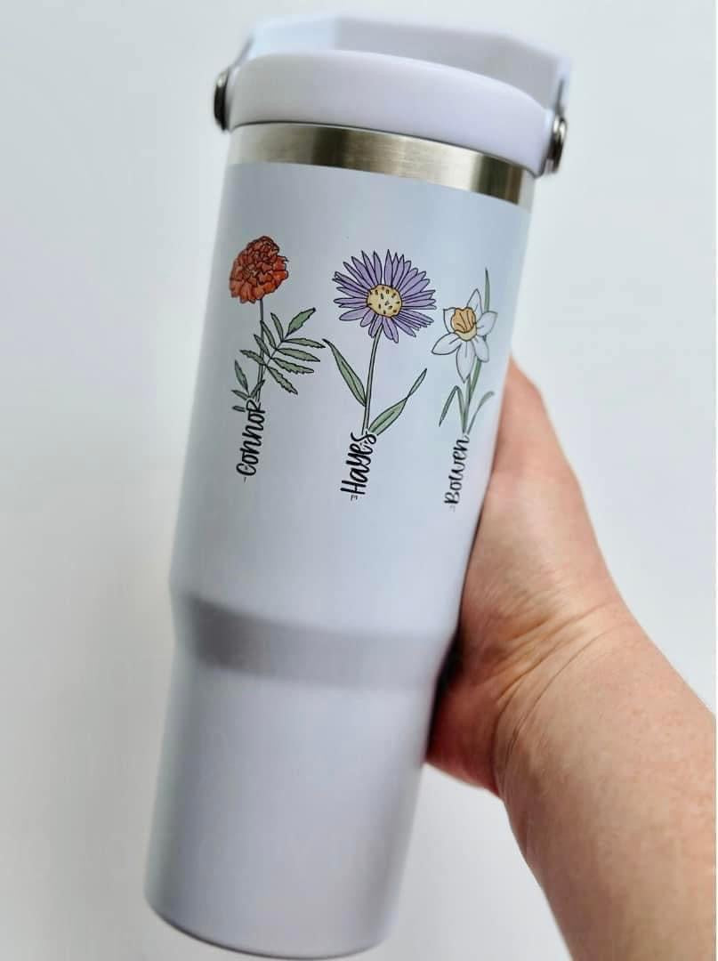 Personalized Floral Tumbler- Please Specify Name and Month