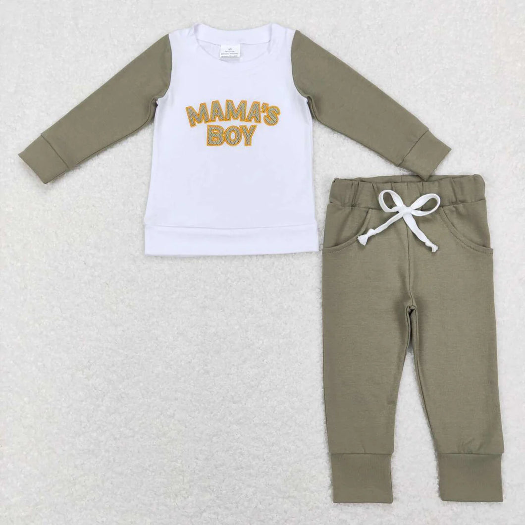 Pre-order RTS from Supplier Olive/White Embroidered MaMa’s Boy Long Sleeve Set