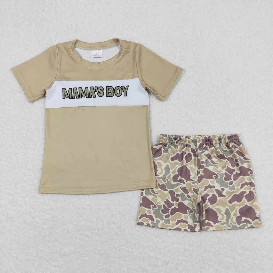 Pre-order RTS from Supplier Embroidered Mama’s Boy Camo Short Set