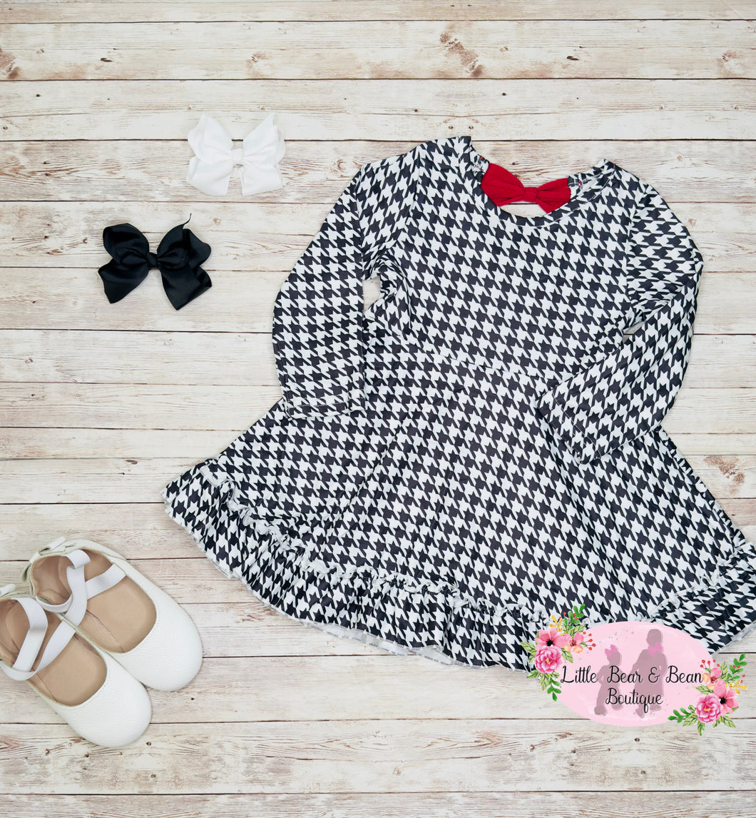Black And White Houndstooth Long Sleeve Dress