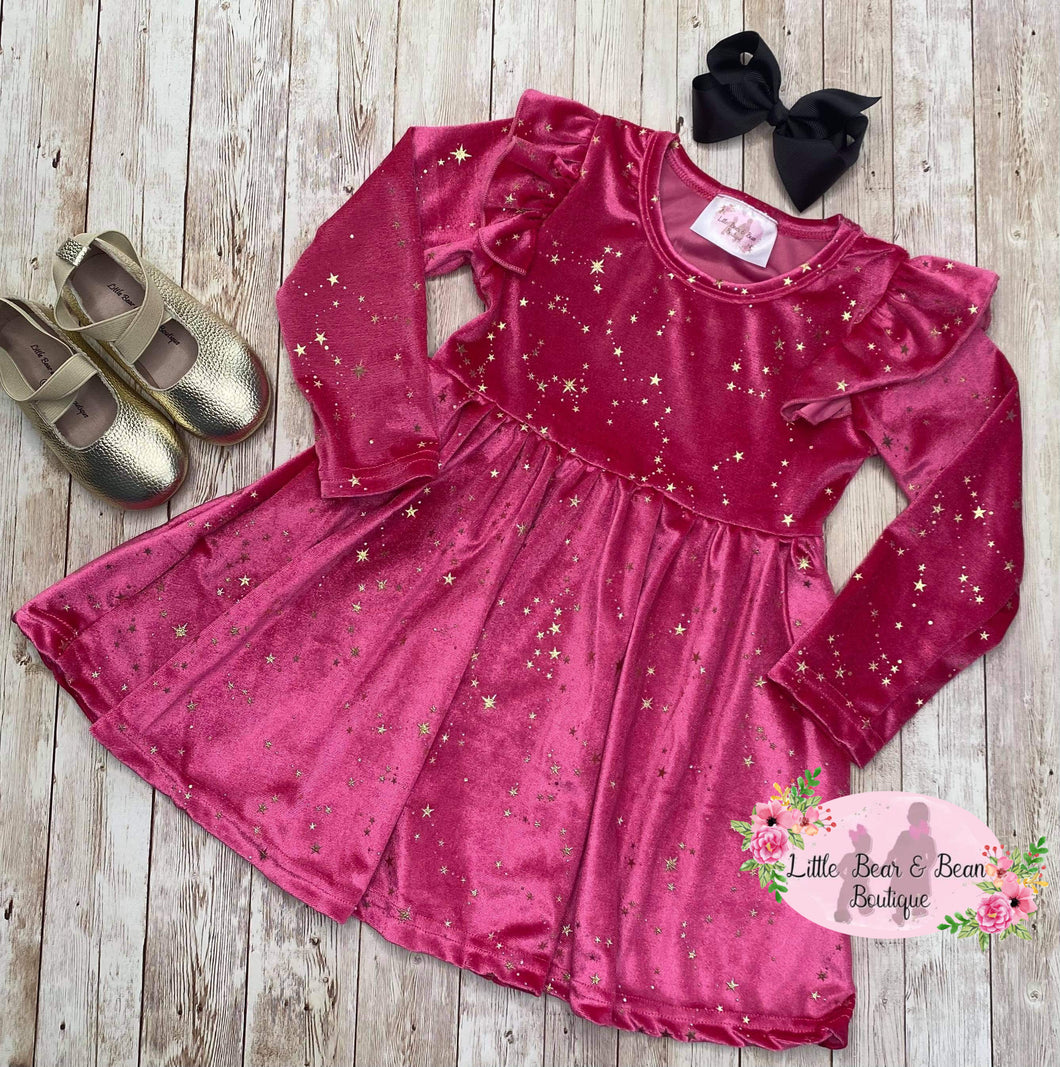 Velvet Star Long Sleeve Dress -Pink