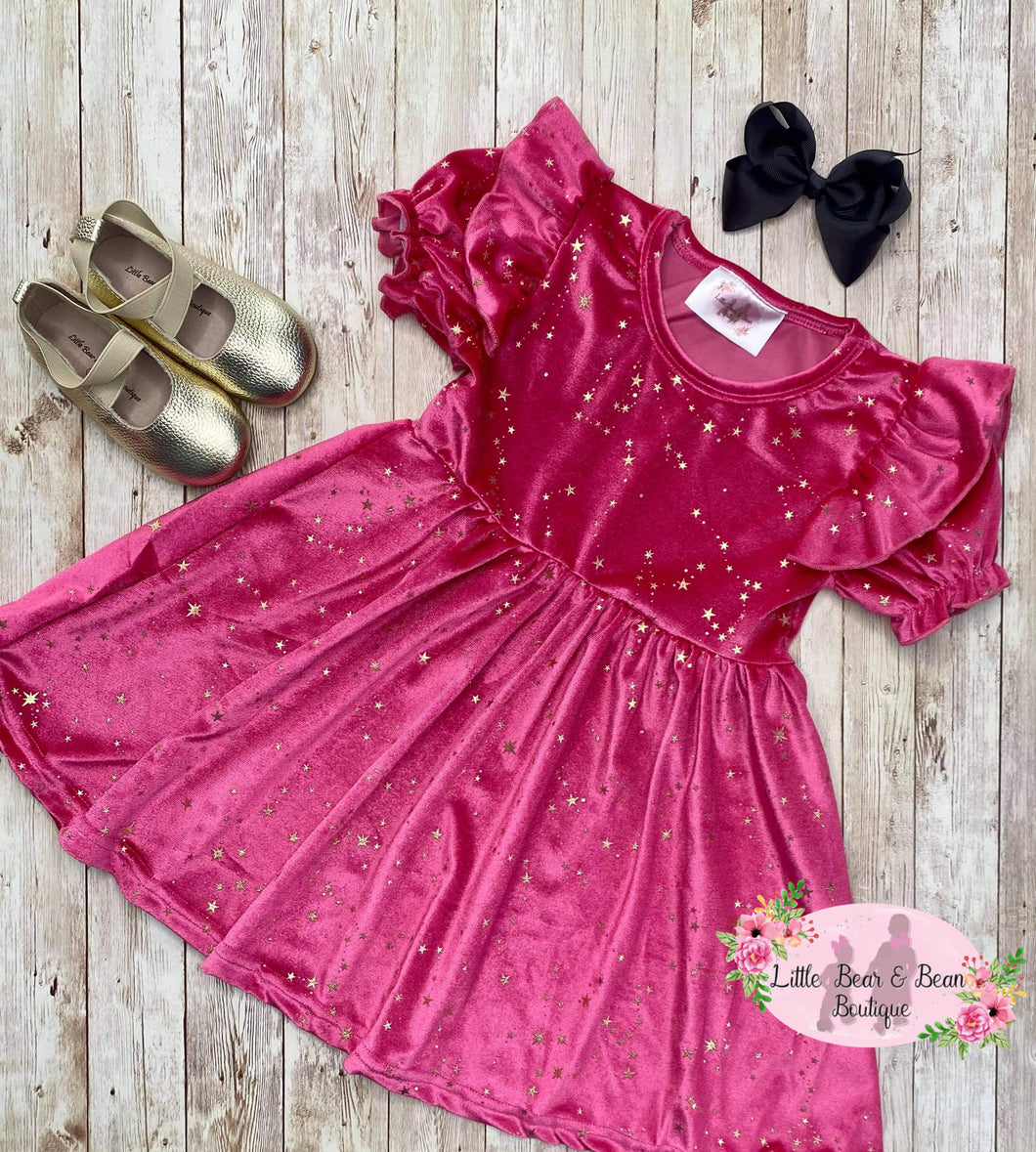 Velvet Star Short Sleeve Dress -Pink