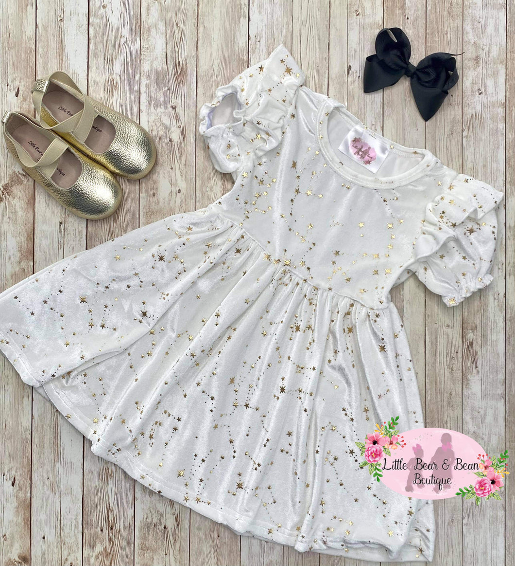 Velvet Star Short Sleeve Dress -White