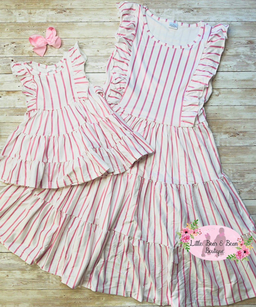 Mommy and Me Pink Striped Ruffle Dress