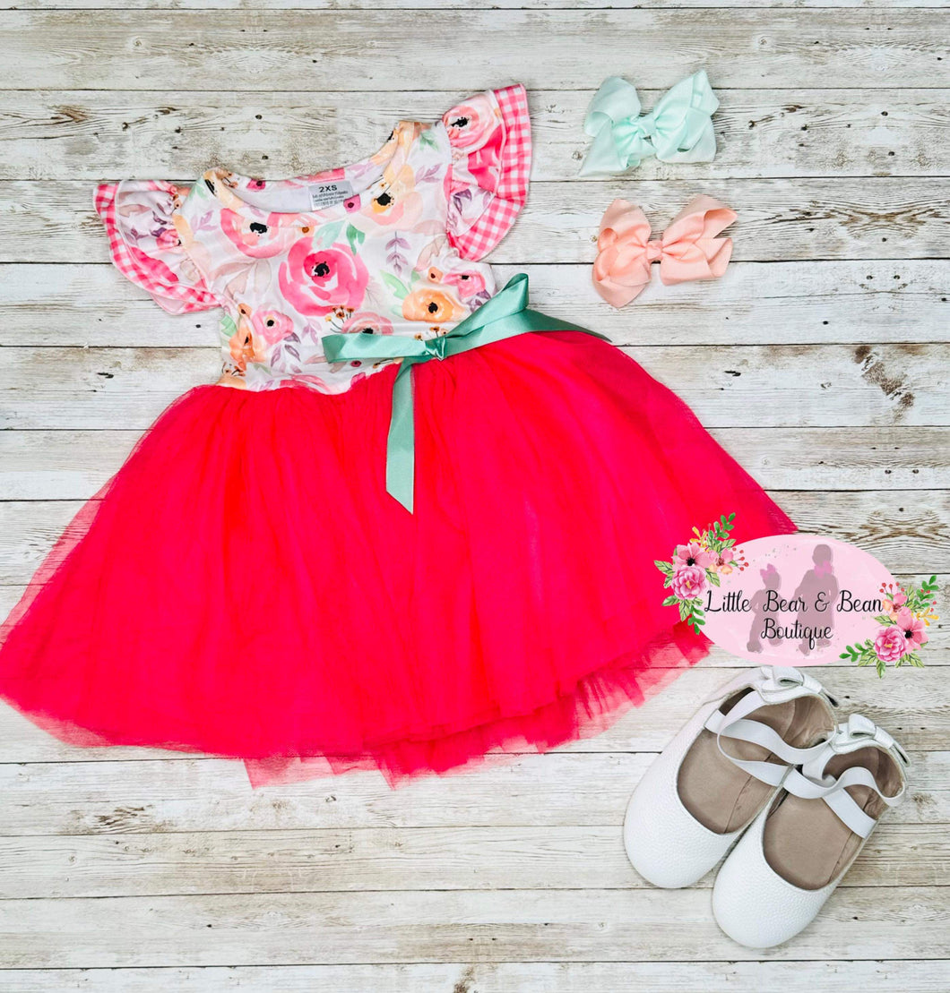 Coral and Peach Floral Tulle Dress