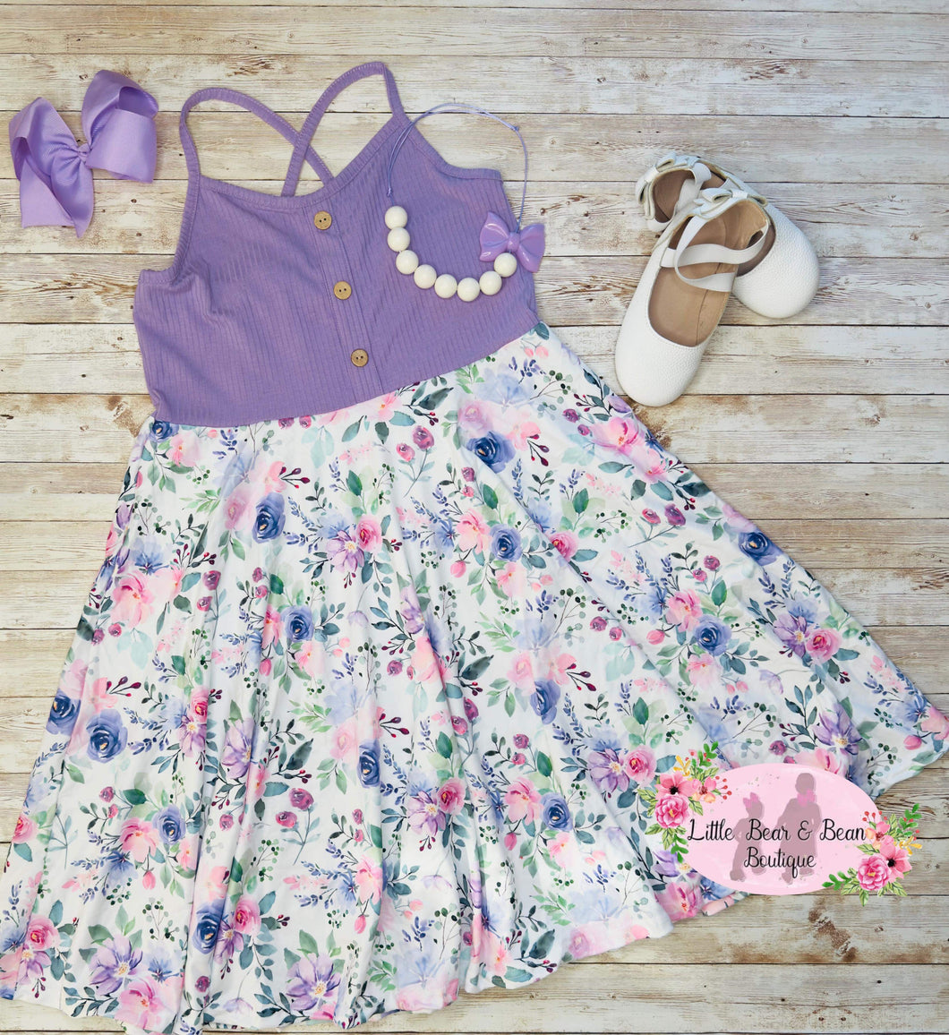Ribbed Lilac Floral Twirl Dress
