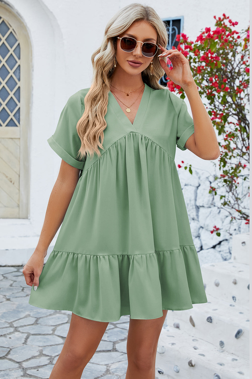 Sample Ruched Tiered V-Neck Short Sleeve Mini Dress Sample Ruched Tiered V-Neck Short Sleeve Mini Dress