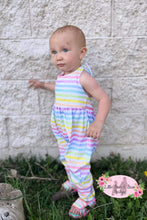 Load image into Gallery viewer, Rainbow Striped Alley Cat Halter Romper
