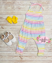 Load image into Gallery viewer, Rainbow Striped Alley Cat Halter Romper
