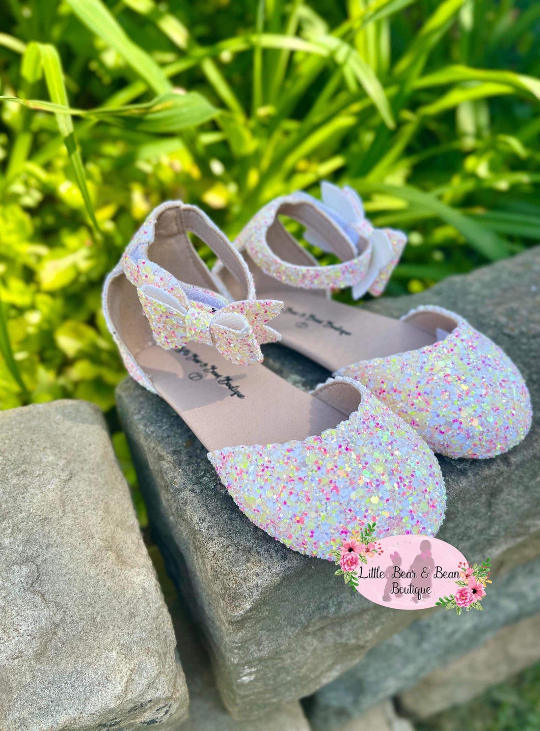Bow Ankle Strap Flats- Glow In The Dark - Pink Confetti