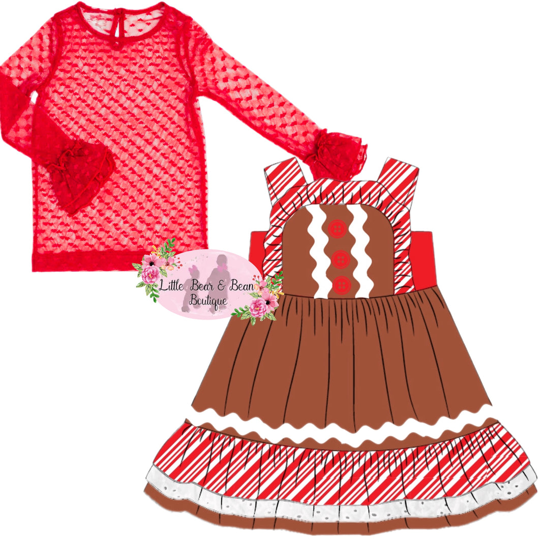 🎄PRE-ORDER CLOSES 9/22 Peppermint Gingerbread Twirl Dress with Lace undershirt
