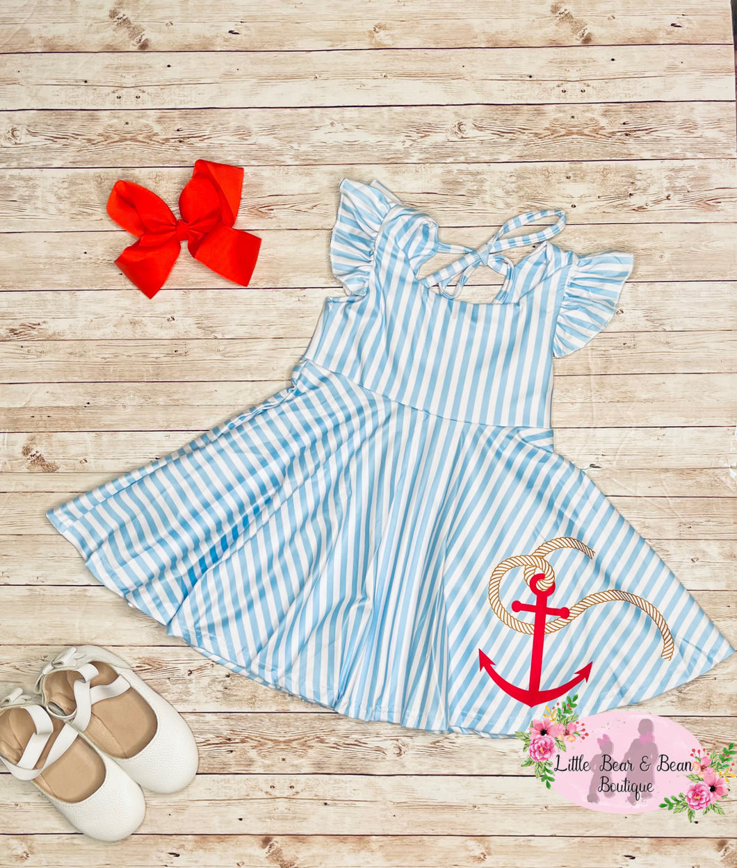 Anchors Away Tie Back Blue Stripe Twirl Dress