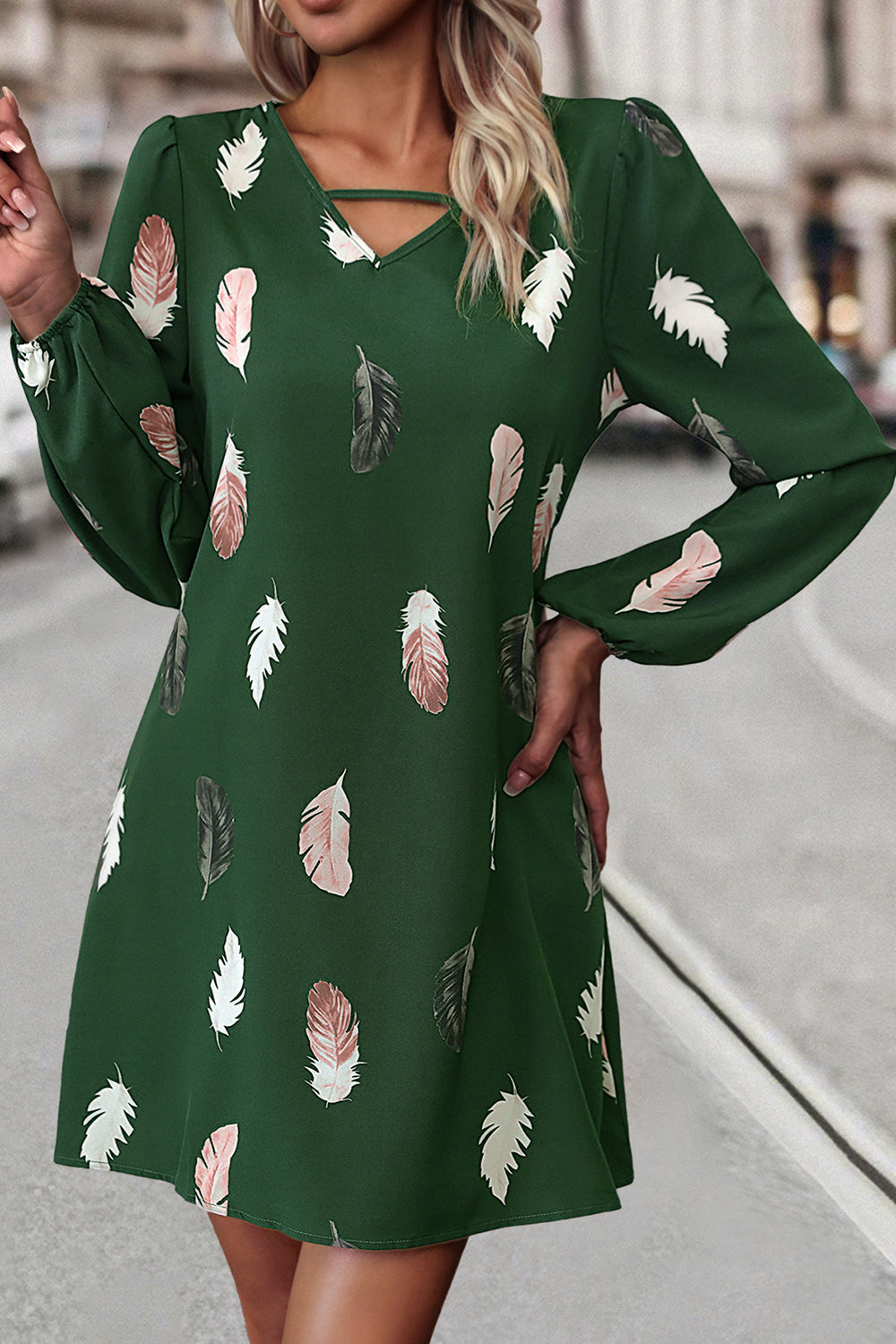 Feather Print V-Neck Dress Green / L Feather Print V-Neck Dress Green / L