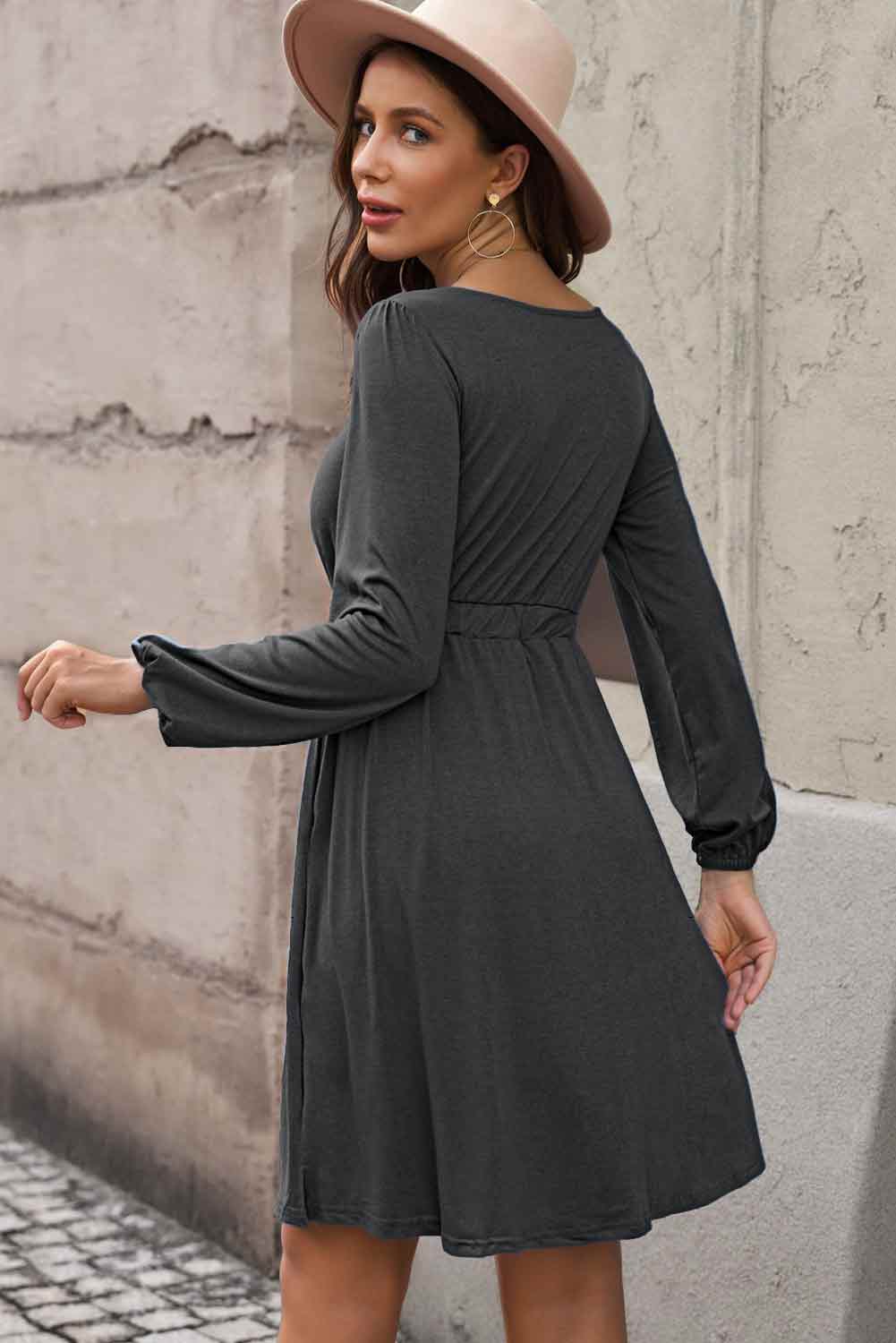 knee length dresses for ladies Scoop Neck Empire Waist Long Sleeve Mini Dress Black / L