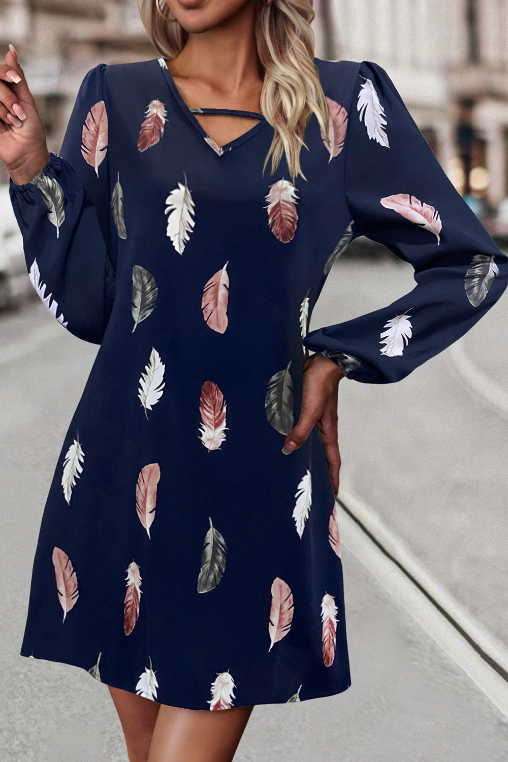 Feather Print V-Neck Dress Green / L