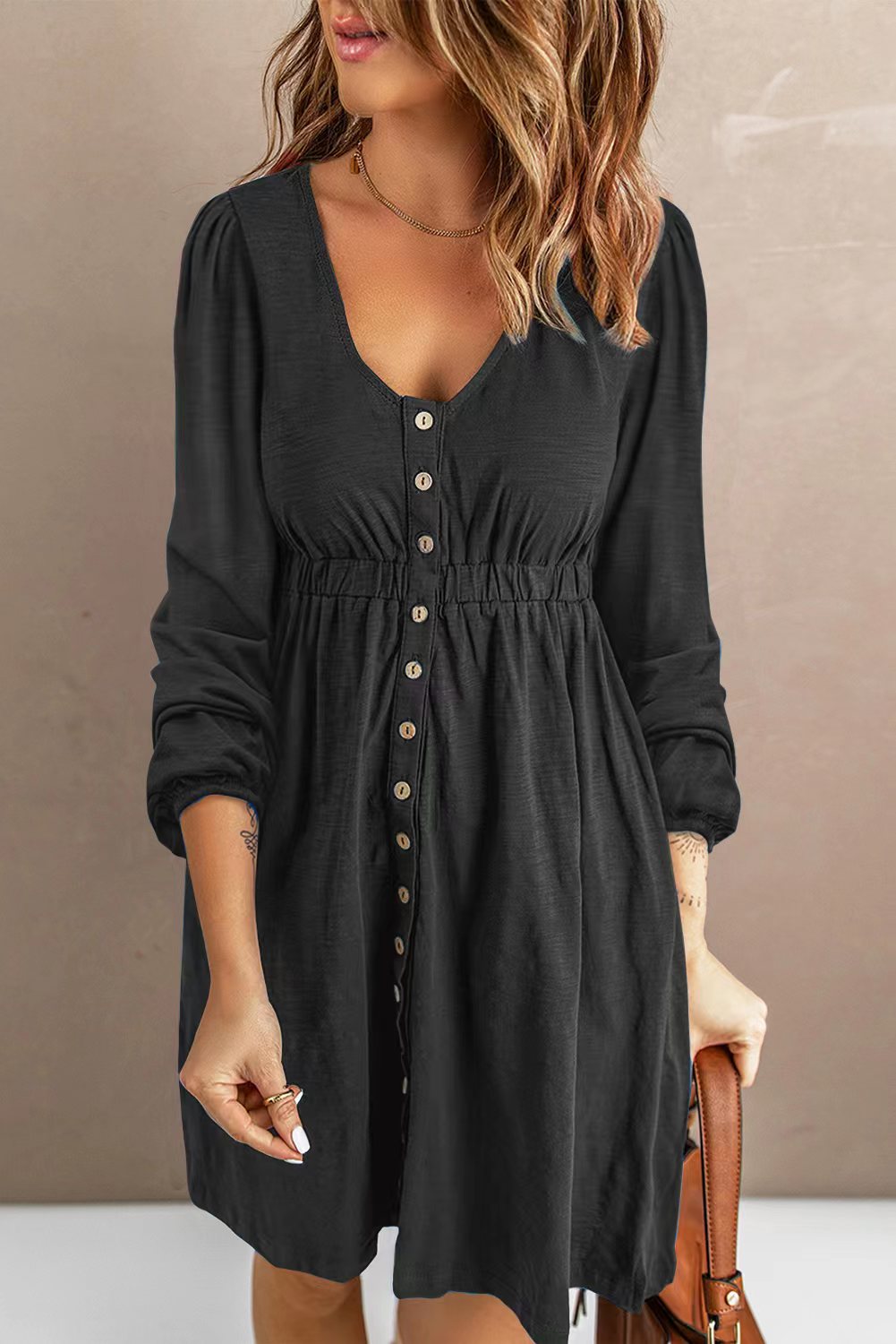 Scoop Neck Empire Waist Long Sleeve Mini Dress Black / L Scoop Neck Empire Waist Long Sleeve Mini Dress Black / L