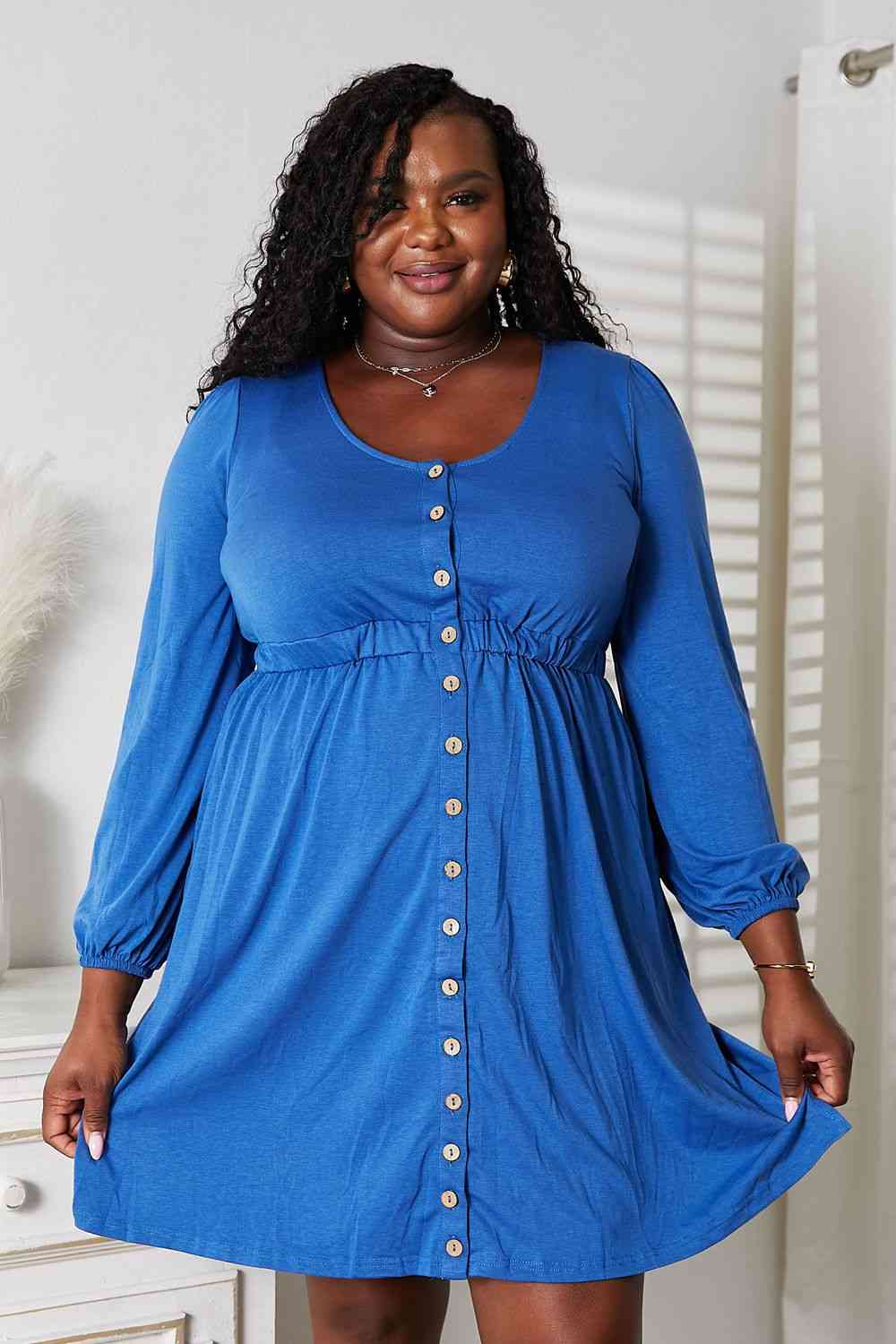 Double Take Scoop Neck Empire Waist Long Sleeve Magic Dress Royal Blue / XL