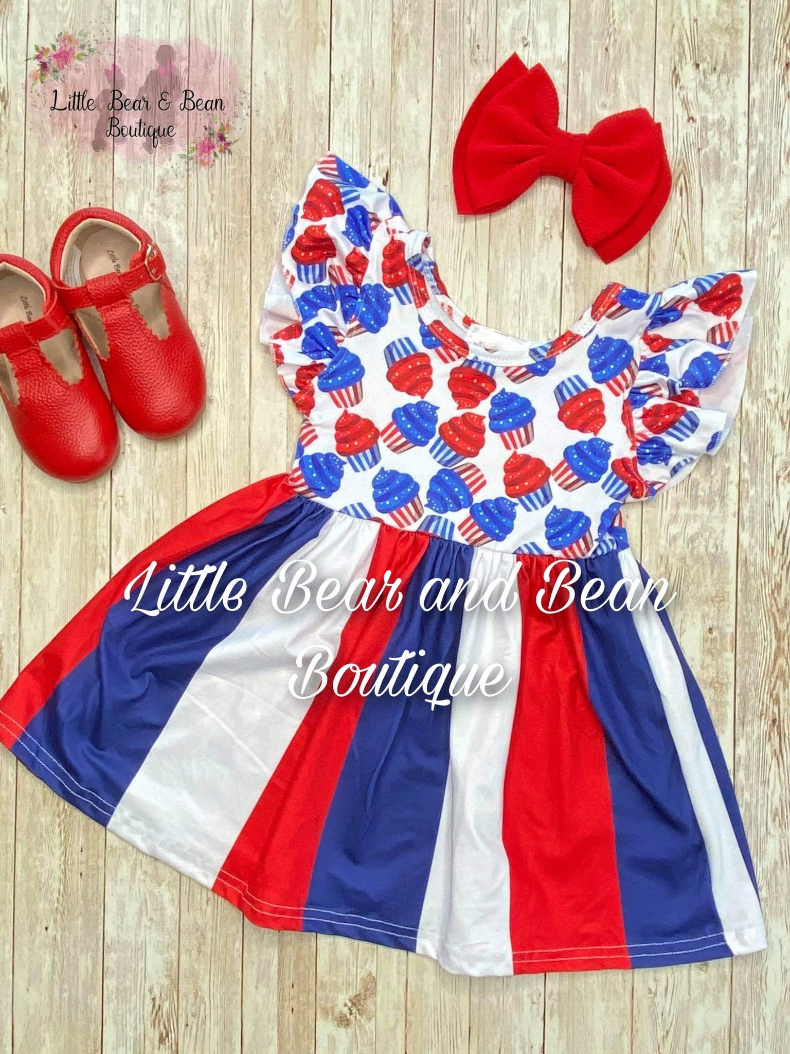 Red, White and Blue Cupcake Twirl Dress Little Bear and Bean Boutique, LLC Red, White and Blue Cupcake Twirl Dress Little Bear and Bean Boutique, LLC