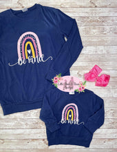 Load image into Gallery viewer, Mommy and Me BE KIND Rainbow Navy Long Sleeve Kids Top
