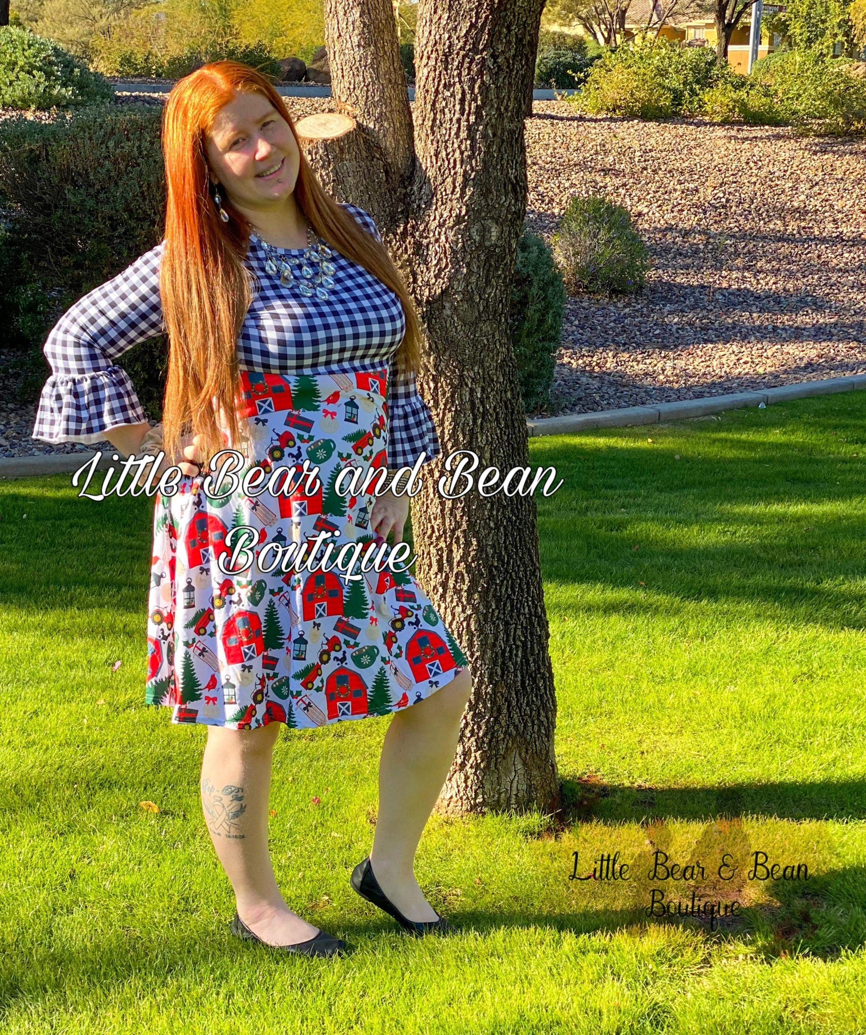 Mommy and Me Farmhouse Christmas Ladies Dress Little Bear and Bean Boutique, LLC Mommy and Me Farmhouse Christmas Ladies Dress Little Bear and Bean Boutique, LLC
