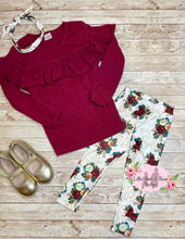 Load image into Gallery viewer, Wine Ruffle Top and Floral Legging Set with Headband
