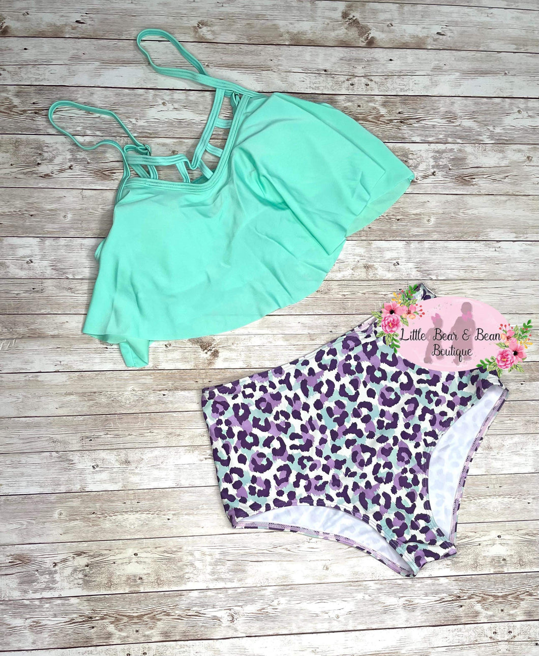 Ladies Mint Cheetah Two Piece Swimsuit