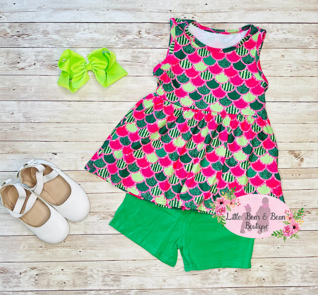 Watermelon Mermaid Scales Sleeveless Peplum Set