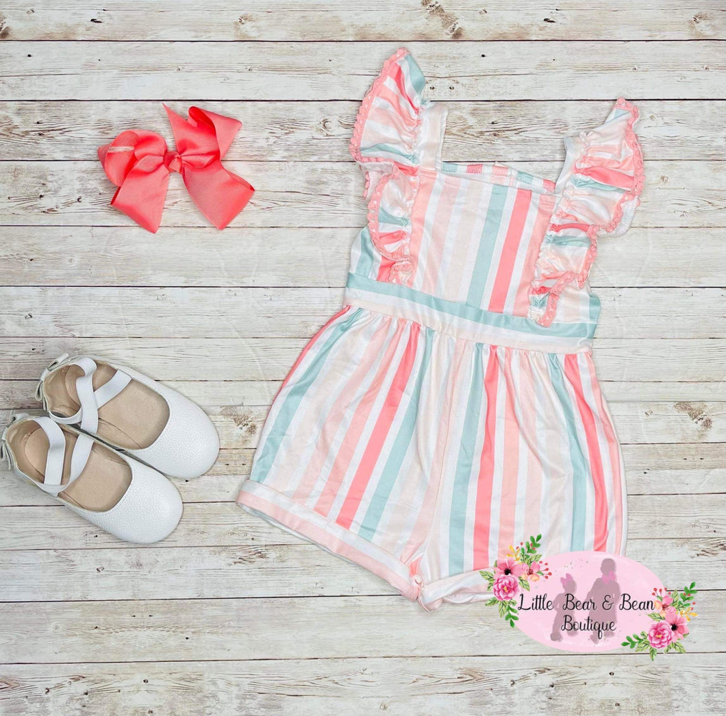 Pink And Sage Striped Shorts Romper