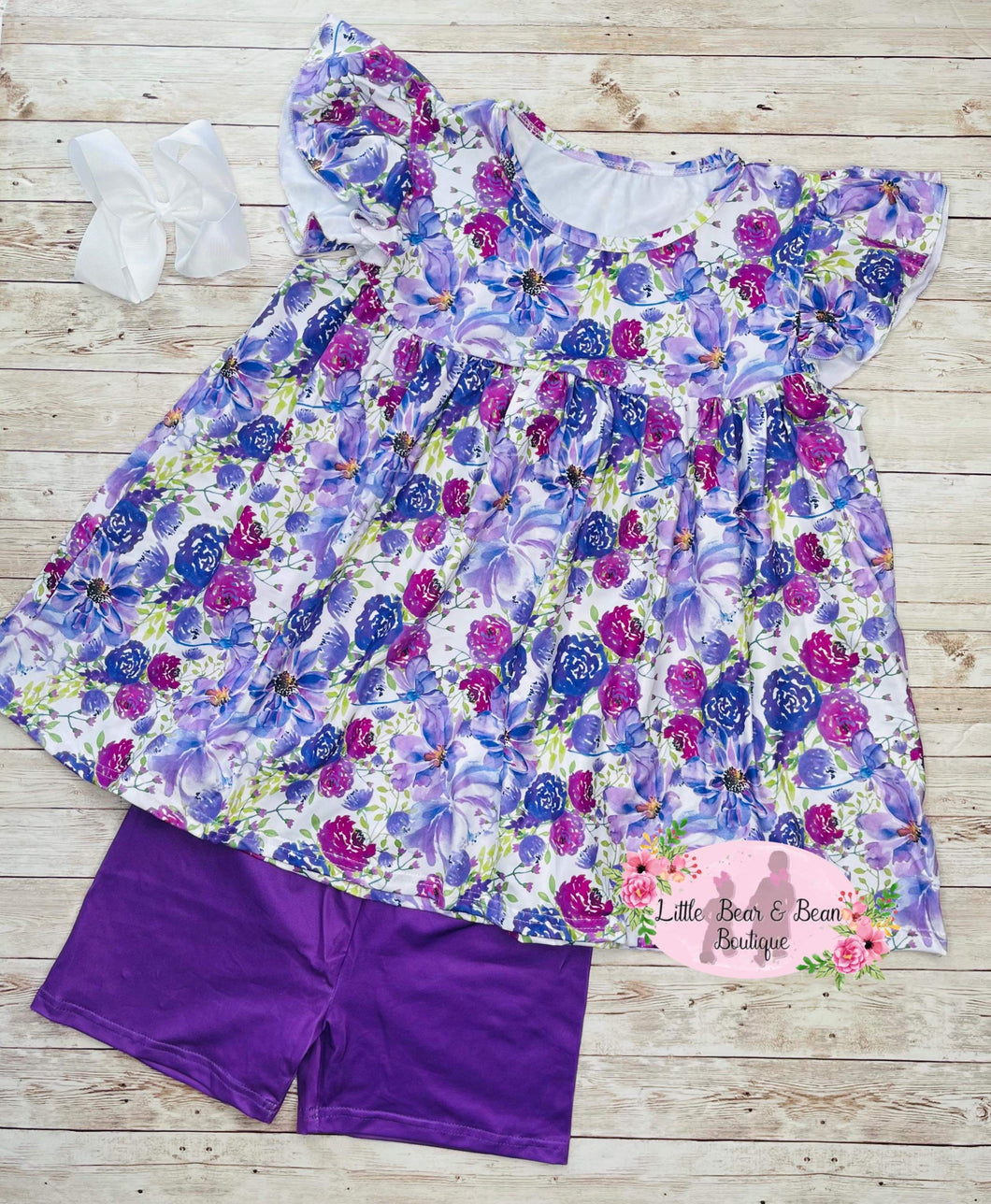 Purple Floral Flutter Sleeve Shorts Set