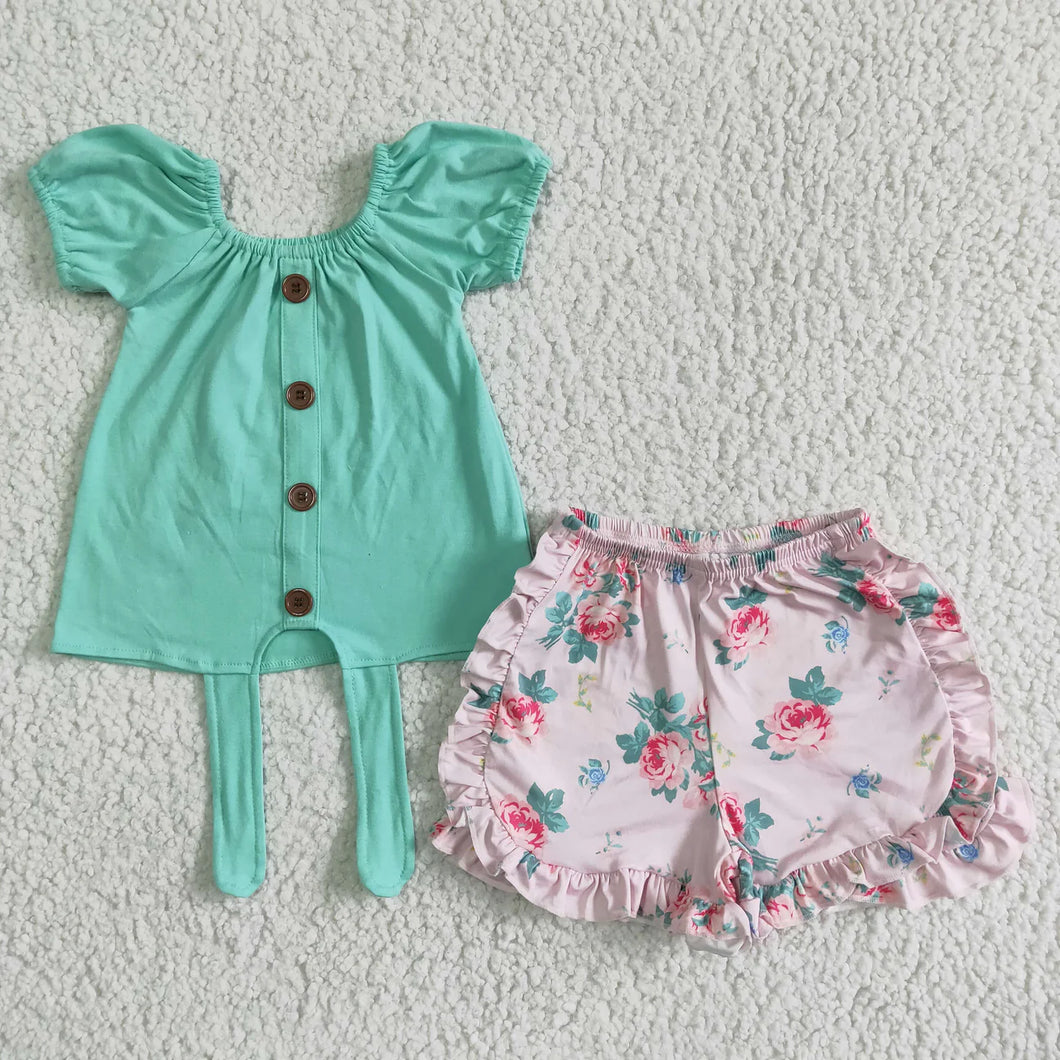 Pre-order RTS from Supplier Mint Color Tie Top, Floral Shorts Set