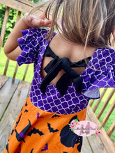 Load image into Gallery viewer, orange and purple halloween dress - back
