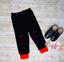 Load image into Gallery viewer, Black &amp; Red Distressed Joggers

