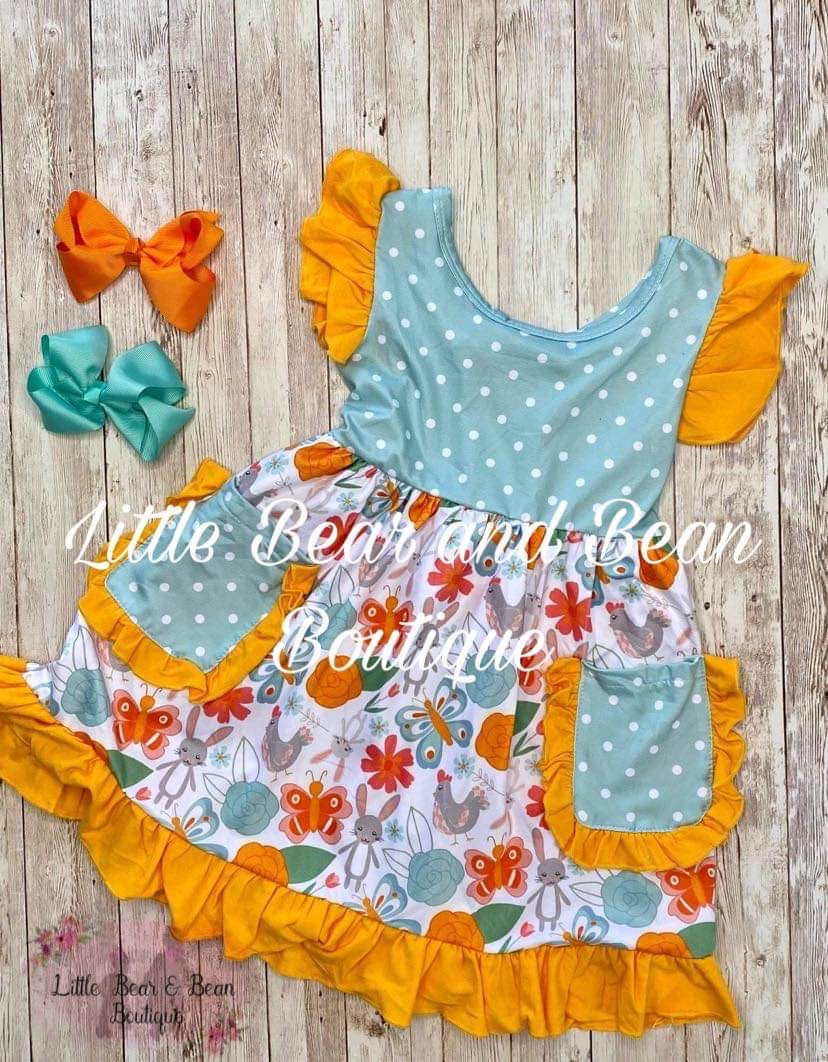 Chickens, Bunnies, and Flowers Pocket Dress
